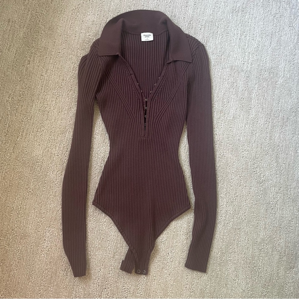 Abercrombie & Fitch Brown Ribbed Long Sleeve Polo Bodysuit